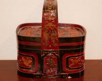 Red & Black Chinoiserie Lidded Wooden Basket