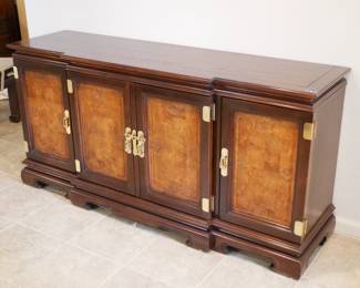 1990s Chinoiserie Wood Credenza With Brass Hardware and Burl Doors