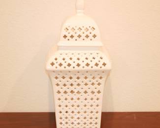 White Ceramic Temple Jar w/Cut Out Design