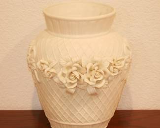 Quilted Ceramic Ivory Vase w/Raised Flowers