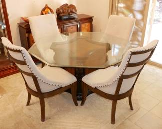 Octagonal Glass Top Pedestal Dining Table w/4 Upholstered Chairs