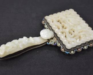 CHINESE WHITE JADE & SILVER HAND MIRROR 