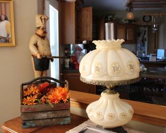 Lamp and catering chef in background only - wood crate with fall decor sold