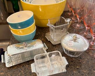 Crate and Barrel Bowl Set, Southern Living Hammered Aluminum butter, Creamer/sugar and divided dish