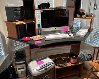 MAC computer, paper shredder, small stereo, Office Desk