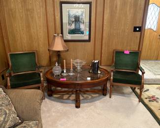 Pair of Emerald green upholstered vintage chairs, coffee table