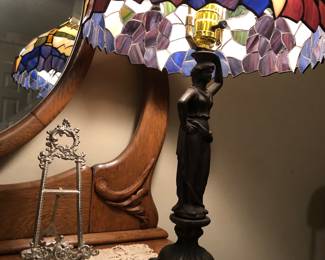 Vintage Tiffany Style Lamp with Lady holding shade Bronze. $125. obo