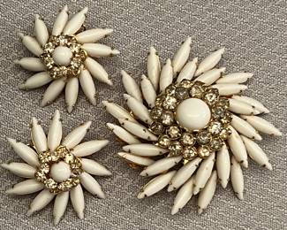 Vintage Judy Lee Brooch and Earring Set...Milk Glass and Rhinestone