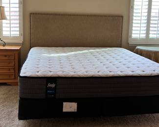 King Sealy Mattress/BS, Upholstered Headboard, Knotty Pine Nightstand, Side Table w Glass Top 