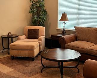 Arm Chair w Ottoman, Table Lamp, Silk Tree