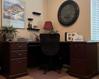 Corner Desk w File Drawers, Large Wall Clock, Bookcase, Art, Table Lamp