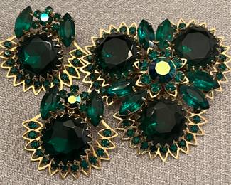 Vintage Judy Lee Brooch and Earring Set...Emerald Green Rhinestone