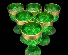Set of Six Heisey Emerald and Gold Tone mini Goblets

