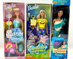 NIB Barbue Mattel SpongeBob SquarePants Barbie, Easter Charm Barbie, And Disney Pocahontas Doll
