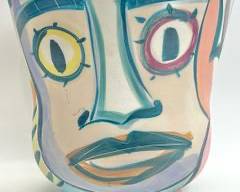 Victoria Crowell Signed Abstrace Face Art Pottery Vase MCM Mic Century Modern Picasso Style
