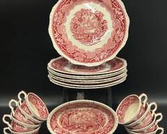 Masons Vista English Patent Ironstone Dinner Plates, Tea Cups, and Oval Bowl
