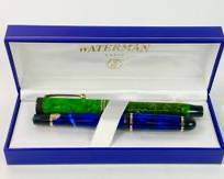 Waterman France & Parker Green & Blue Marbled Fountain Pens In Waterman France Box
