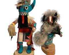 2 Native American Kachina Dolls Artist Signed Carved Wood with Fabric and Feathers Figurines - 1 is Pussy Willow by Louise C
