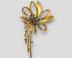 Fine Signed RJ 14K Yellow Gold Blue Sapphire Gemstone Flower Brooch 1950s
