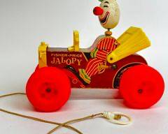 ORIGINAL VINTAGE FISHER PRICE JALOPY PULL-CORD CLOWN CAR Pull TOY
