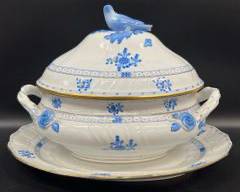Fine 12 Inch High MASSIVE HEREND Hungary Blue Chinese Bouquet 1003/WB-3 Lidded Tureen With Blue Bird topper finial and large platter tray Tray Tureen
