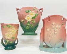Roseville White Rose Pink Art Pottery Vase, Two Handled Vase, & Buttressed Vessel
