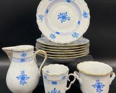 Fine HEREND Hungary Chinese Bouquet Blue Hand-painted Porcelain 1633/WB-3 Set Of Seven Plates Creamer, Tea Cup, & Sugar Bowl
