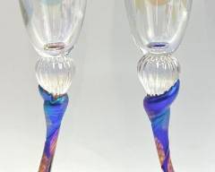 Pair Of Artist Signed Iridescent Curved Stem Champagne Flute Glasses View Signature on base

