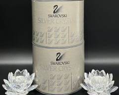 Fine SWAROVSKI Crystal Pair Of Waterlily Candleholders With Boxes
