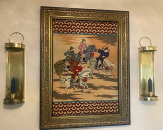 Paul Grubb brass sconces from The Brass Lion; framed Asian needlepoint picture