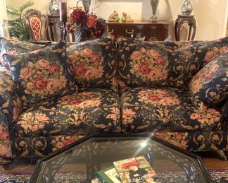 Sofa; octagon shaped glass top coffee table