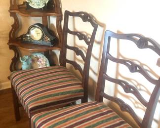 Two of eight chairs; antique corner display shelf