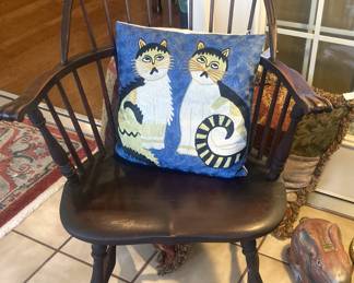 Antique Windsor chair; cat pillows