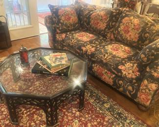 Sofa; octagon shaped glass top coffee table