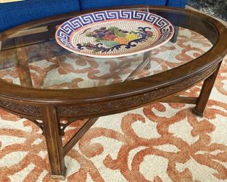 Glass top coffee table; mosaic style bowl