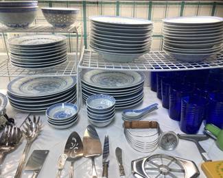 "Jingdezhen Chinese Rice Eye Grain" - translucent blue & white porcelain dishes; blue glassware; kitchen gadgets