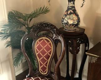 Single chair; one of two matching plant stands and vases