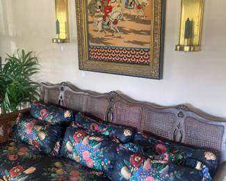  Paul Grubb brass sconces from The Brass Lion ; framed Asian framed needlepoint art