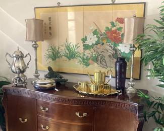 Lovely buffet; Asian style screen; matching lamps