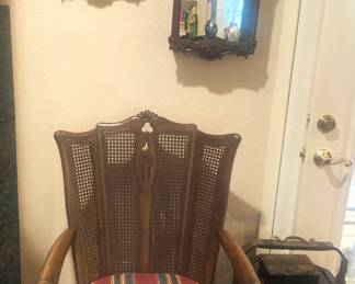 Antique mirrors; caned back chair