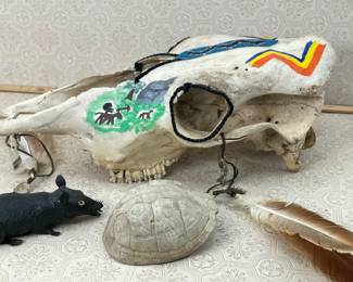 Painted Horse Skull, Turtle Shell, Indian Statues