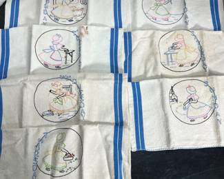 (7) Vintage Hand Embroidered Tea Towels Mon-Sun