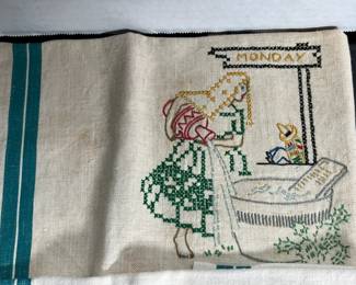 (7) Vintage Hand Embroidered Tea Towels Mon-Sun