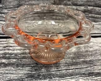Vintage pink depression Old colony, open lace footed candy dish