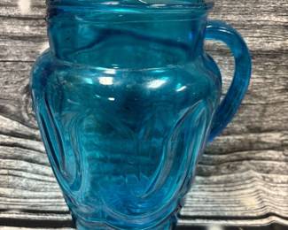 Vintage anchor hocking colonial tulip, laser blue pitcher with ice lip