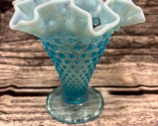 Blue opalescent hobnail vase