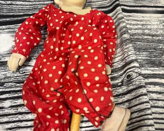 Vintage Marionette doll, clown with red white polka dot outfit