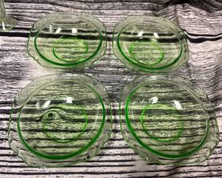 Vintage green depression berry bowls, parrot pattern, small nicks in 3 bowls