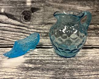 Vintage coin dot blue pitcher, glass daisy and button shoe