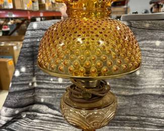 Antique Alladin oil lamp (electric), with chimney and amber hobnail shade